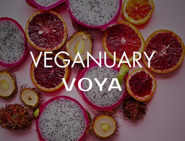 Voya Veganuary Title with lychees, dragon fruits in the background