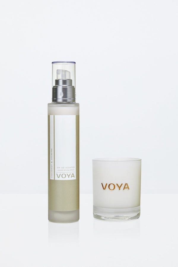 voya scented candle and room spray bundle, coconut and jasmine scent