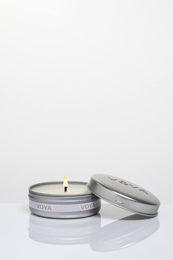 Voya Lavender, Rose & Camomile Mini Scented Candle in a tin