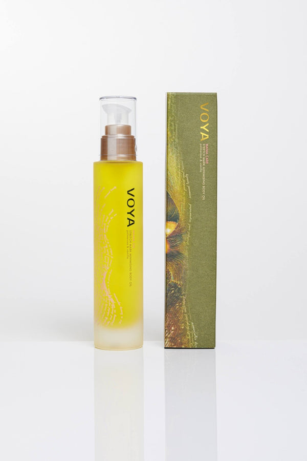 voya stretch mark minimising and firming body oil with outer packaging